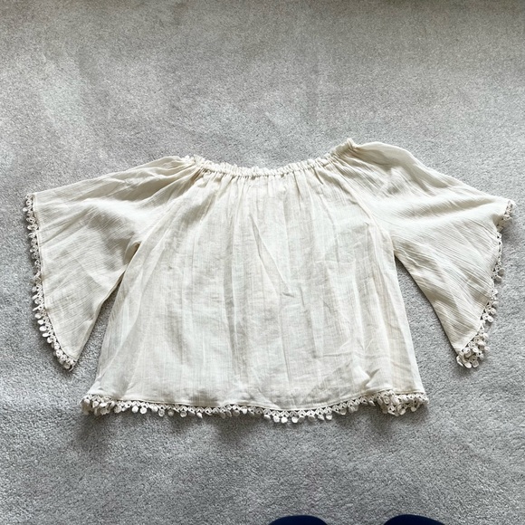 LOVE SHACK FANCY GAUZY SEMI SHEER TASSEL TRIM CREAM TOP BEACHY CHIC BOHO - Picture 4 of 10